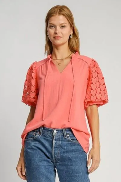 Hazel Blues® | Umgee Heart Lace Sleeve Ruffle Collar Top