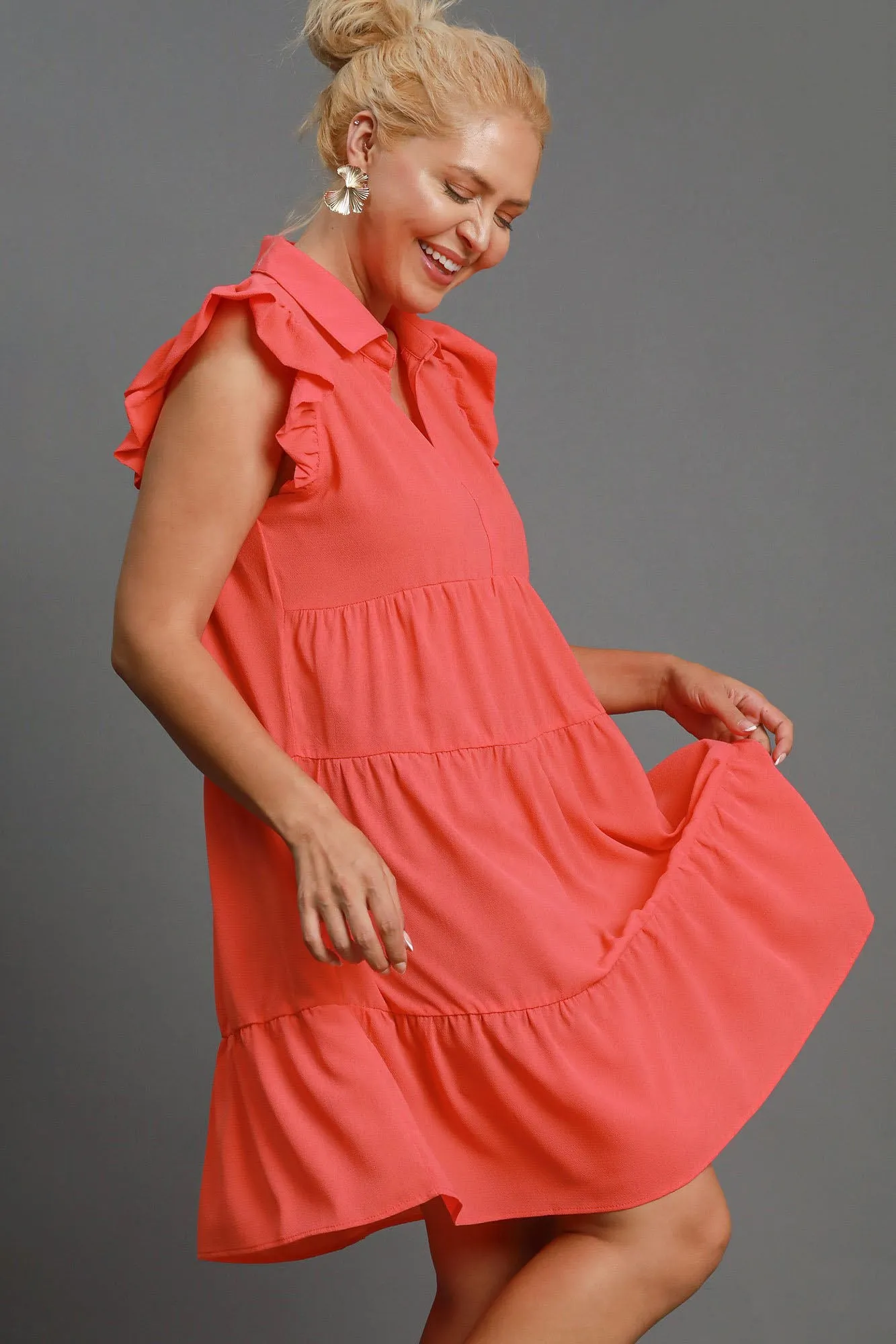 Hazel Blues® | Umgee Johnny Collar Ruffle Cap Sleeve Tiered Dress