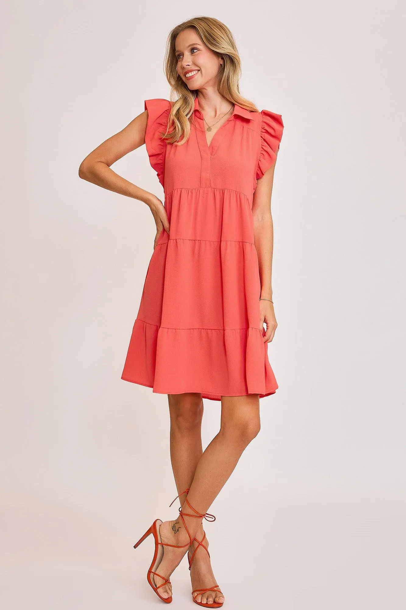 Hazel Blues® | Umgee Johnny Collar Ruffle Cap Sleeve Tiered Dress