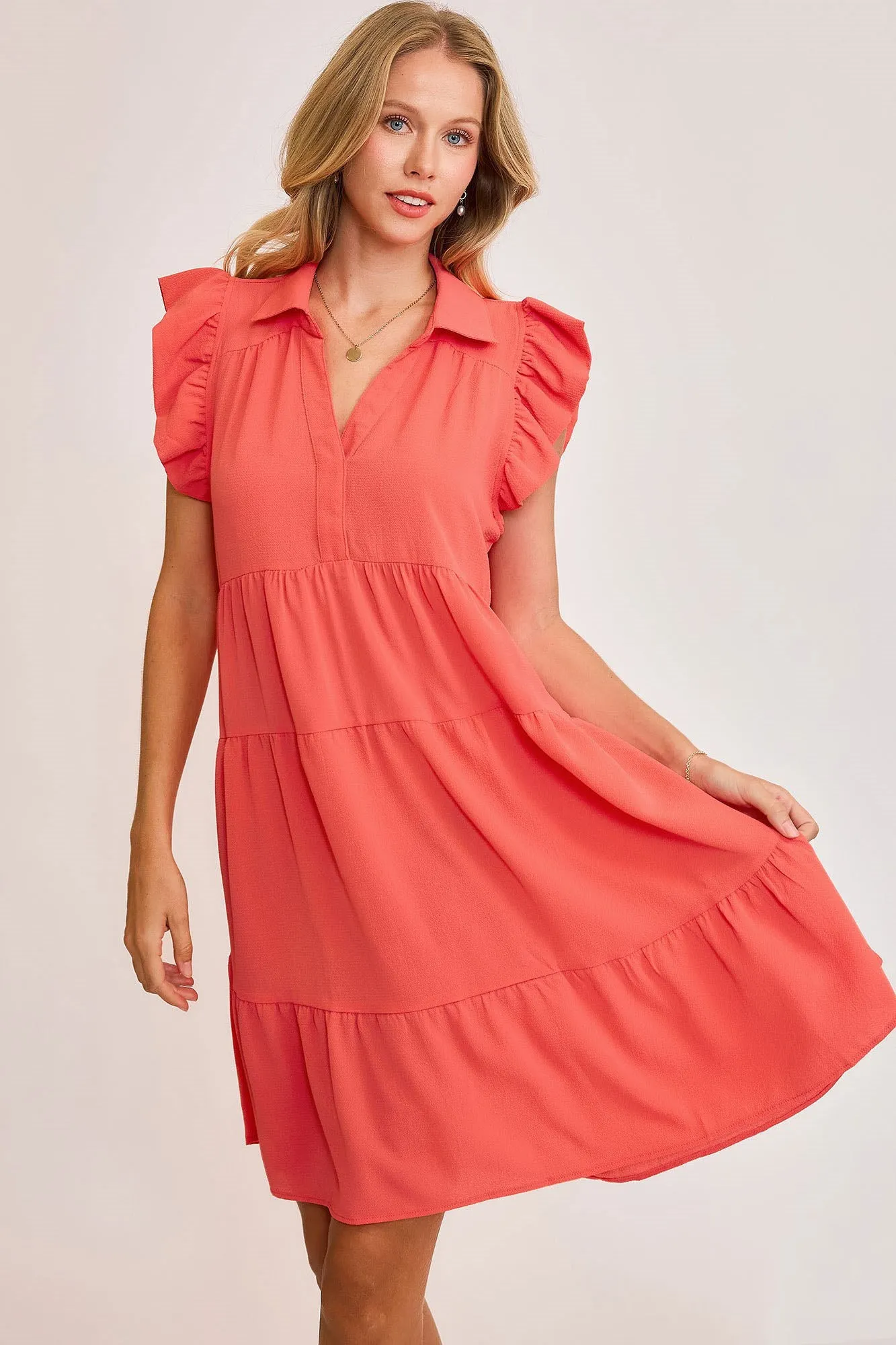 Hazel Blues® | Umgee Johnny Collar Ruffle Cap Sleeve Tiered Dress