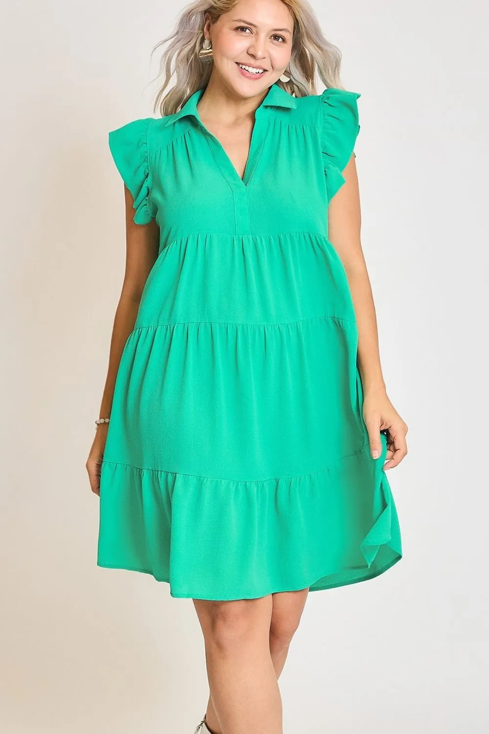 Hazel Blues® | Umgee Johnny Collar Ruffle Cap Sleeve Tiered Dress