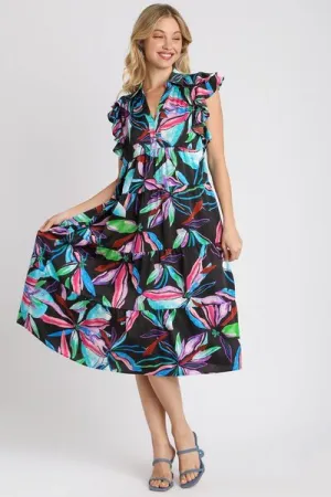 Hazel Blues® | Umgee Leaf Print Double Layered Ruffle Sleeve Tiered Midi Dress