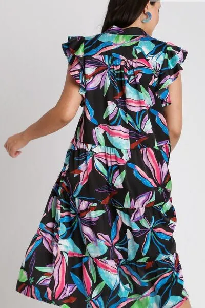 Hazel Blues® | Umgee Leaf Print Double Layered Ruffle Sleeve Tiered Midi Dress