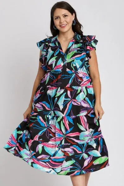 Hazel Blues® | Umgee Leaf Print Double Layered Ruffle Sleeve Tiered Midi Dress