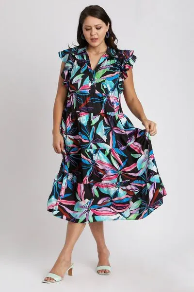 Hazel Blues® | Umgee Leaf Print Double Layered Ruffle Sleeve Tiered Midi Dress
