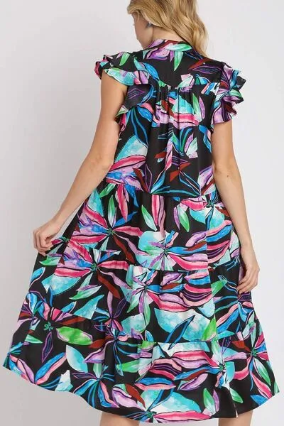 Hazel Blues® | Umgee Leaf Print Double Layered Ruffle Sleeve Tiered Midi Dress