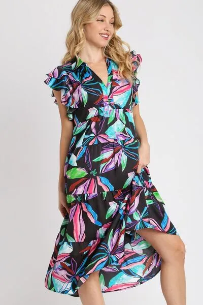 Hazel Blues® | Umgee Leaf Print Double Layered Ruffle Sleeve Tiered Midi Dress