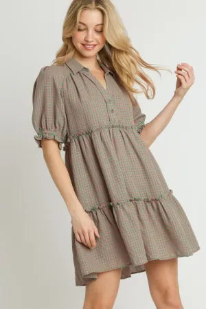 Hazel Blues® | Umgee Plaid Frill Button Detail Ruffled Short Sleeve Dress