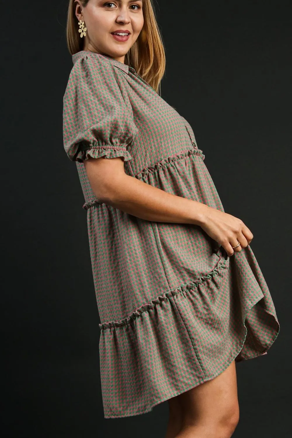 Hazel Blues® | Umgee Plaid Frill Button Detail Ruffled Short Sleeve Dress