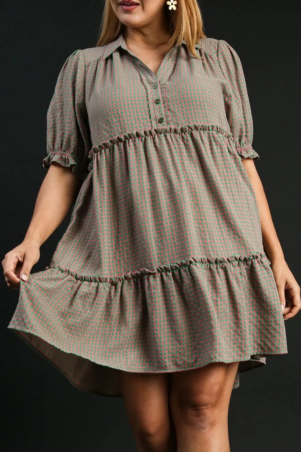 Hazel Blues® | Umgee Plaid Frill Button Detail Ruffled Short Sleeve Dress