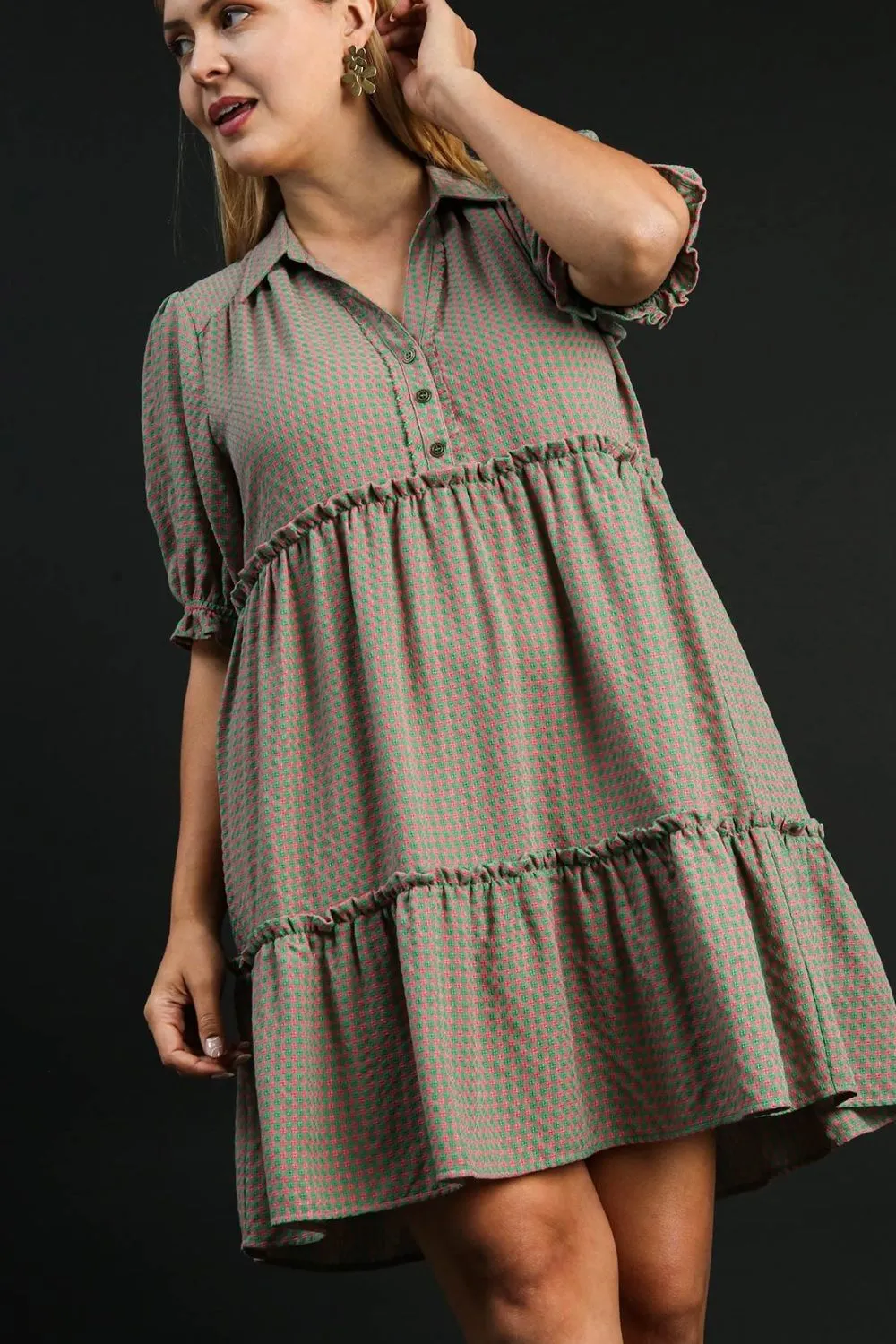 Hazel Blues® | Umgee Plaid Frill Button Detail Ruffled Short Sleeve Dress
