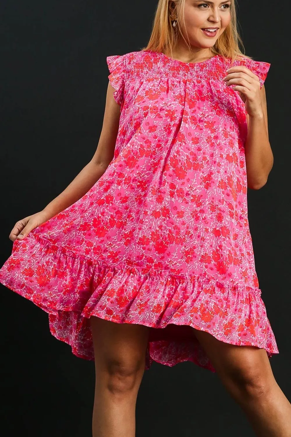 Hazel Blues® | Umgee Smocked Detail Floral Metallic Ruffle Cap Sleeve Dress