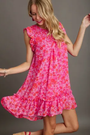 Hazel Blues® | Umgee Smocked Detail Floral Metallic Ruffle Cap Sleeve Dress