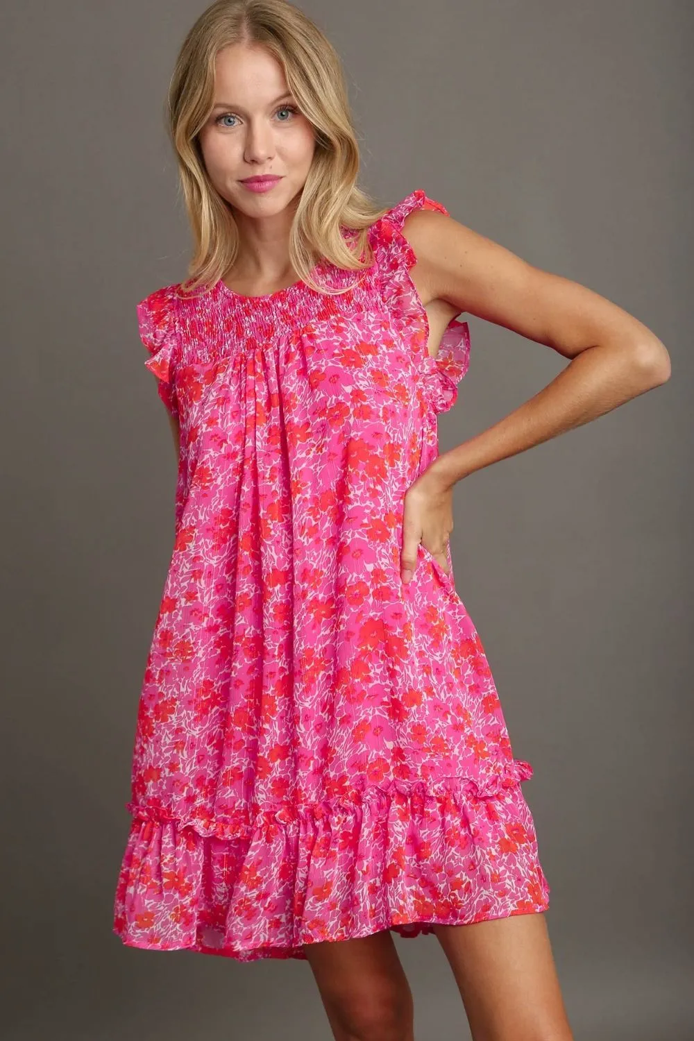 Hazel Blues® | Umgee Smocked Detail Floral Metallic Ruffle Cap Sleeve Dress