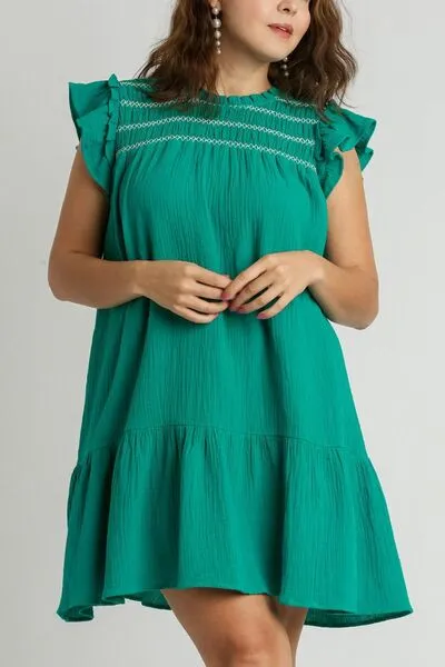 Jade Green Smocked Contrast Stitching Ruffle Cap Sleeve Round Neck Dress