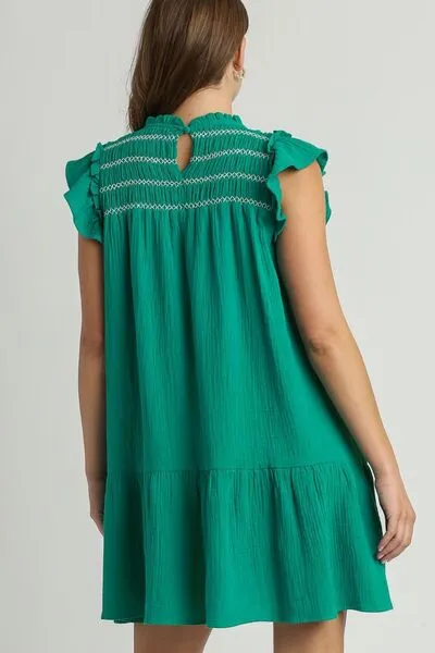 Jade Green Smocked Contrast Stitching Ruffle Cap Sleeve Round Neck Dress