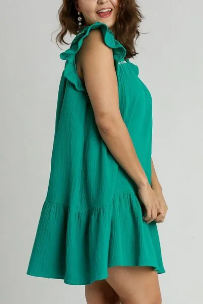 Jade Green Smocked Contrast Stitching Ruffle Cap Sleeve Round Neck Dress