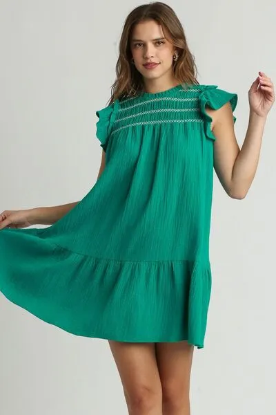 Jade Green Smocked Contrast Stitching Ruffle Cap Sleeve Round Neck Dress