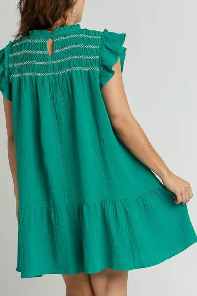 Jade Green Smocked Contrast Stitching Ruffle Cap Sleeve Round Neck Dress