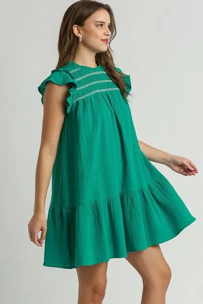 Jade Green Smocked Contrast Stitching Ruffle Cap Sleeve Round Neck Dress