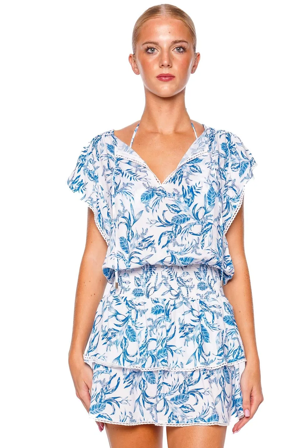 Keri Blue Leaf Cover Up Mini Dress