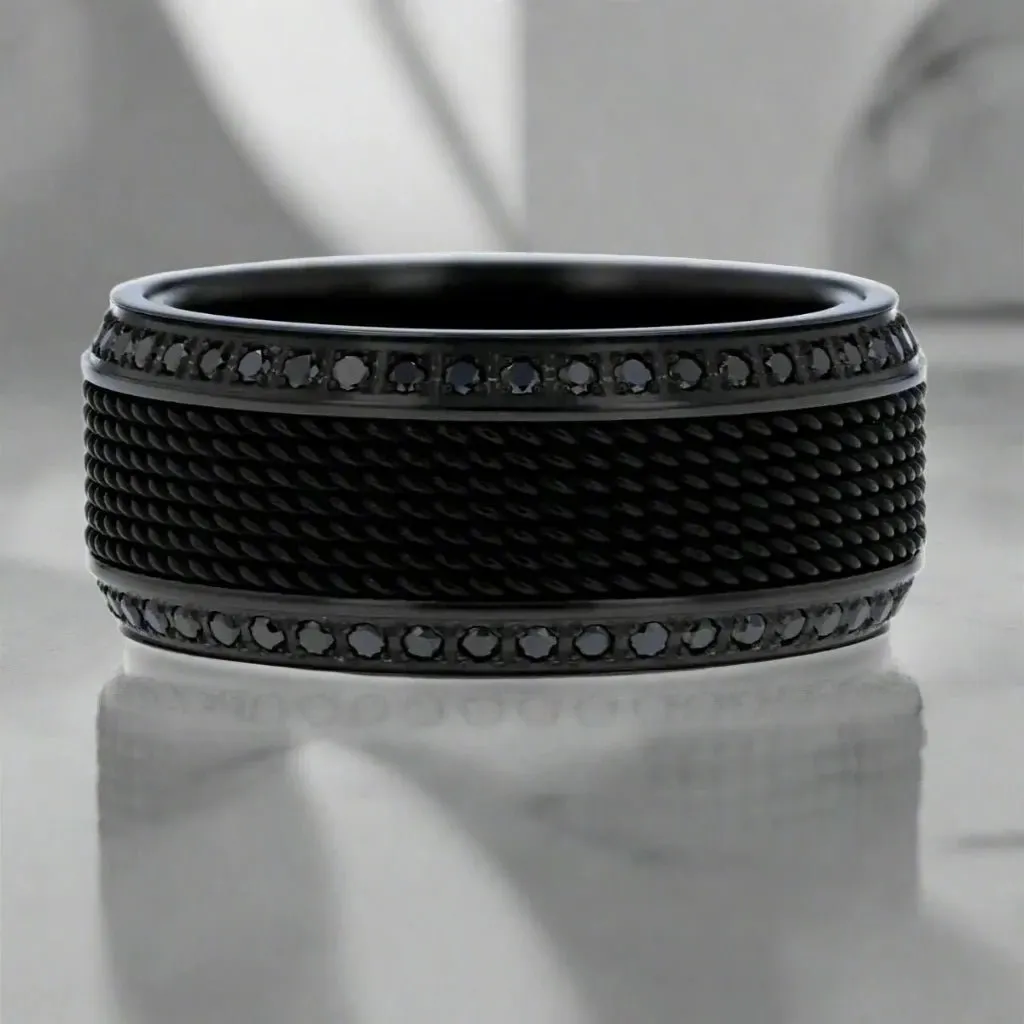 KNIGHT | Black Titanium Ring, Steel Chain Inlay, Black Diamonds