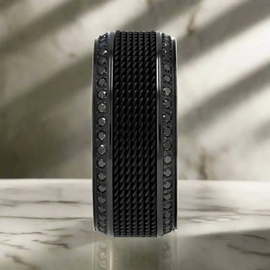 KNIGHT | Black Titanium Ring, Steel Chain Inlay, Black Diamonds