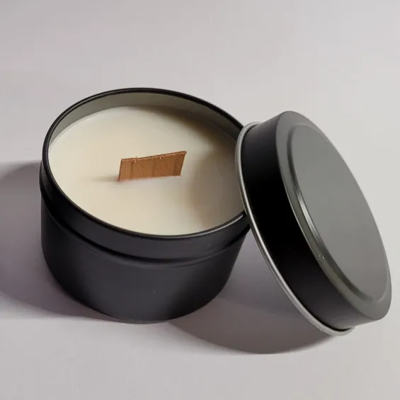 Leather - Wood Wick, OTM Black Tin Candle