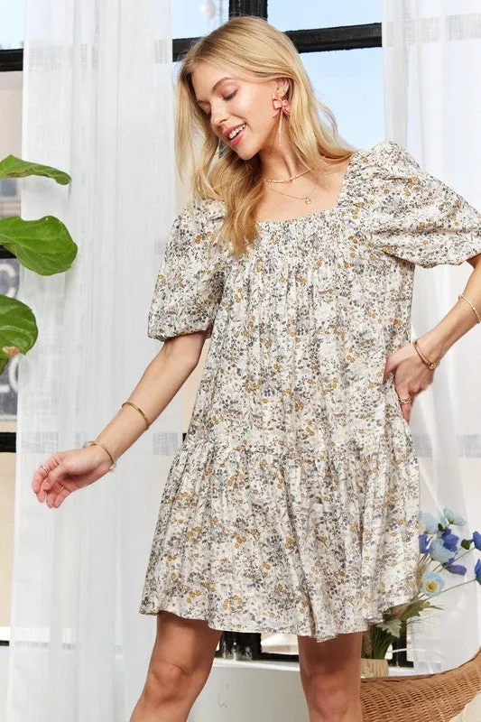 Light Blue Floral Square Neck Puff Sleeve Dress