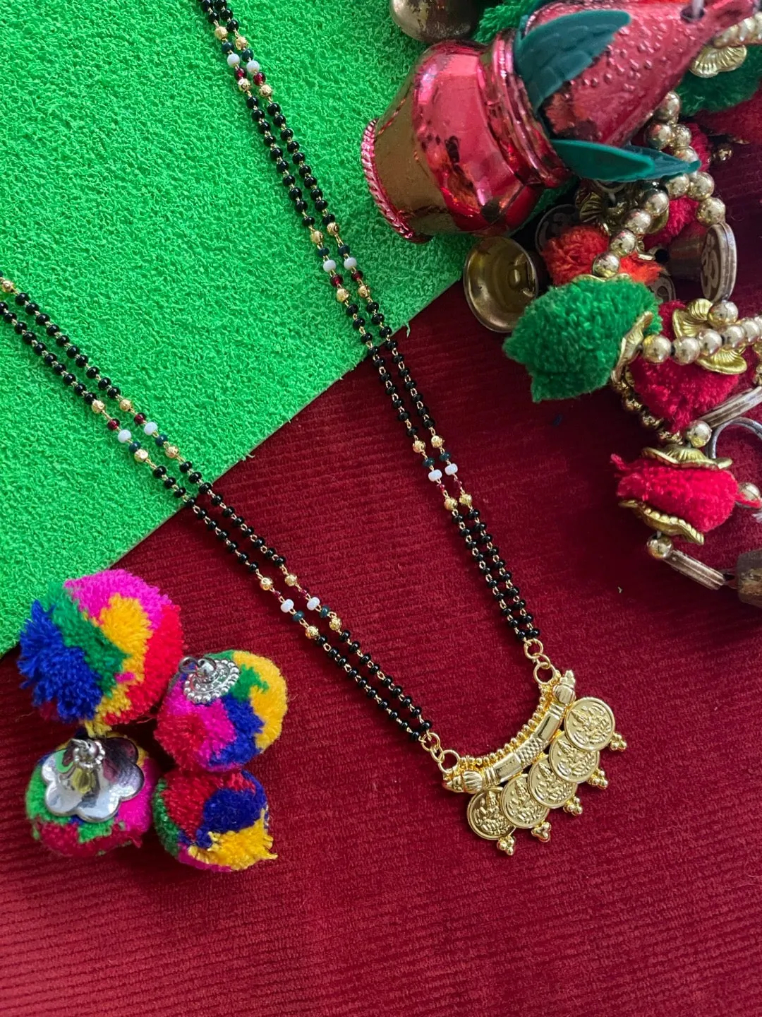 Long Gold Mangalsutra With Lakshmi (Laxmi) Coins In Traditional South Indian Style Black Beads Chain