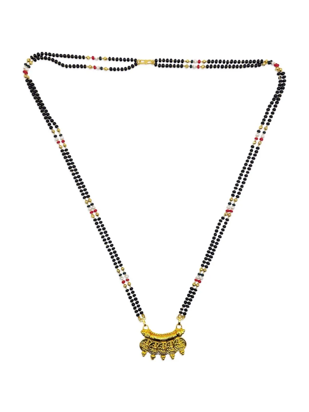 Long Gold Mangalsutra With Lakshmi (Laxmi) Coins In Traditional South Indian Style Black Beads Chain