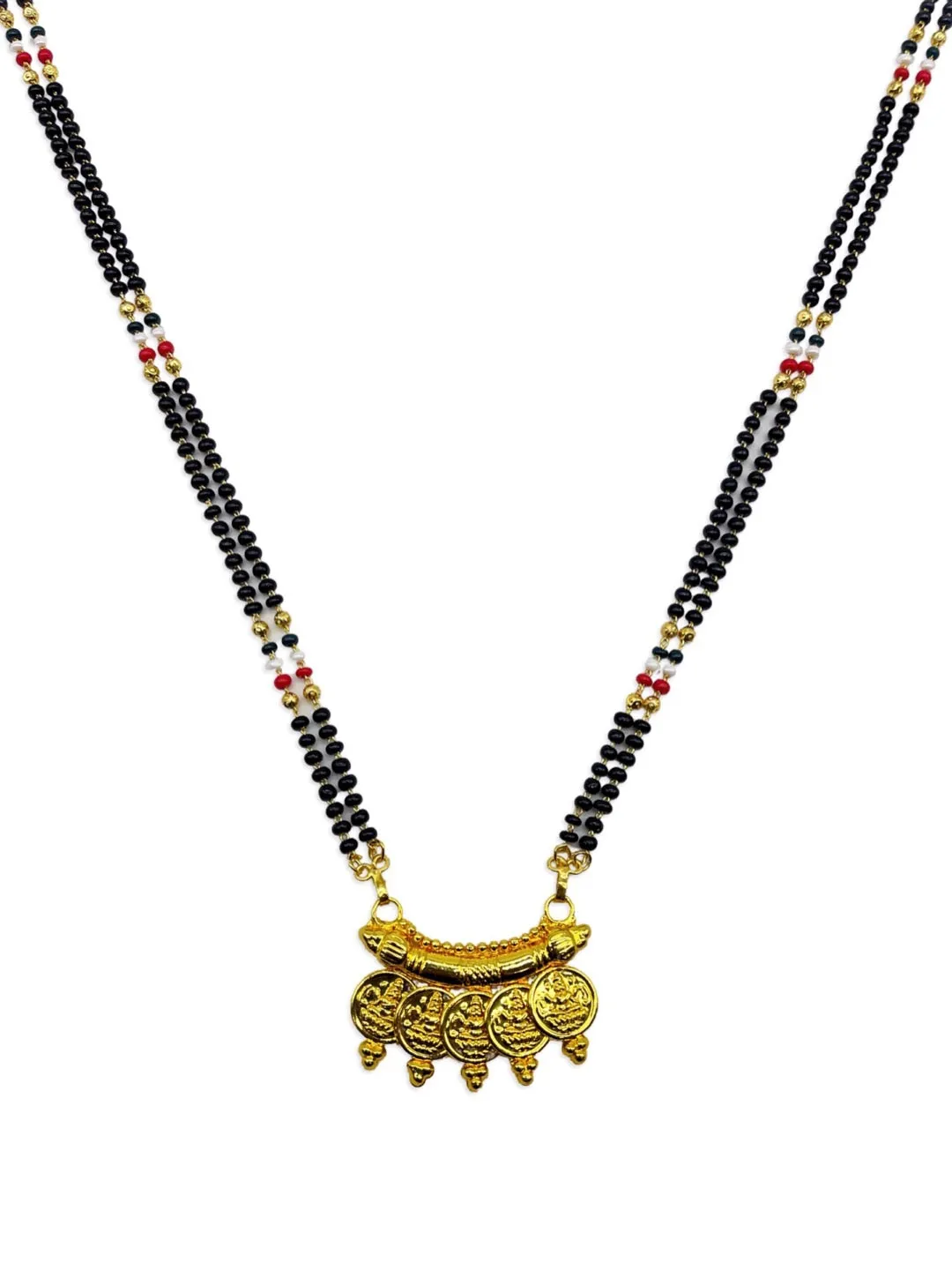 Long Gold Mangalsutra With Lakshmi (Laxmi) Coins In Traditional South Indian Style Black Beads Chain