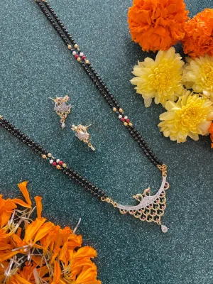 Long Mangalsutra Designs set with diamond earrings gold mangalsutra Peacock design multicolor chain