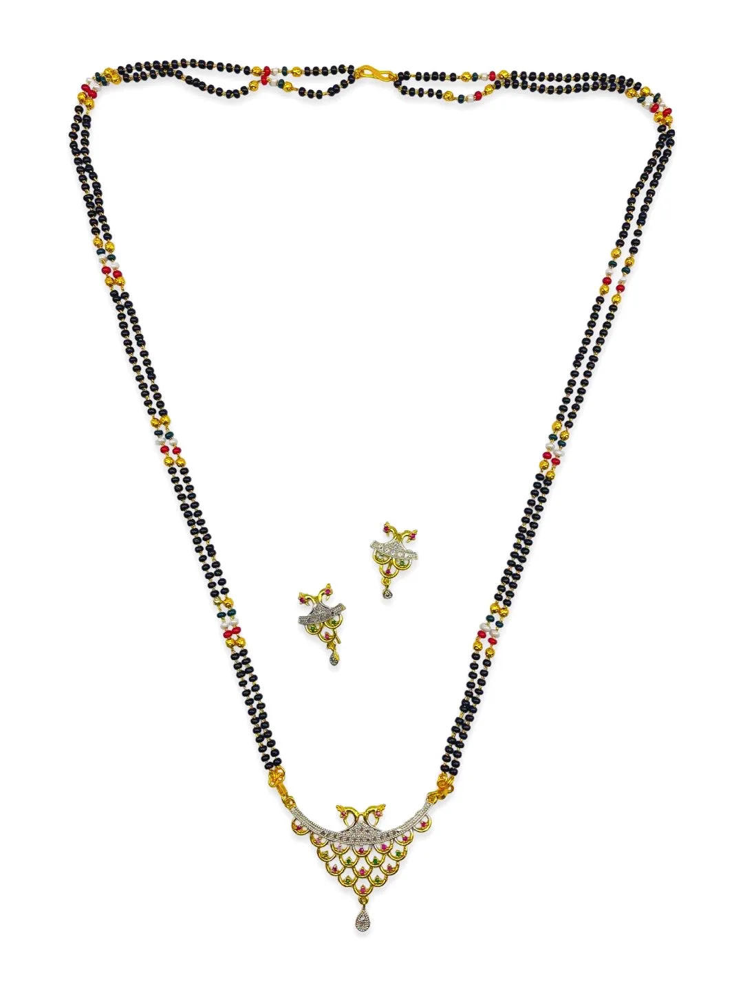 Long Mangalsutra Designs set with diamond earrings gold mangalsutra Peacock design multicolor chain