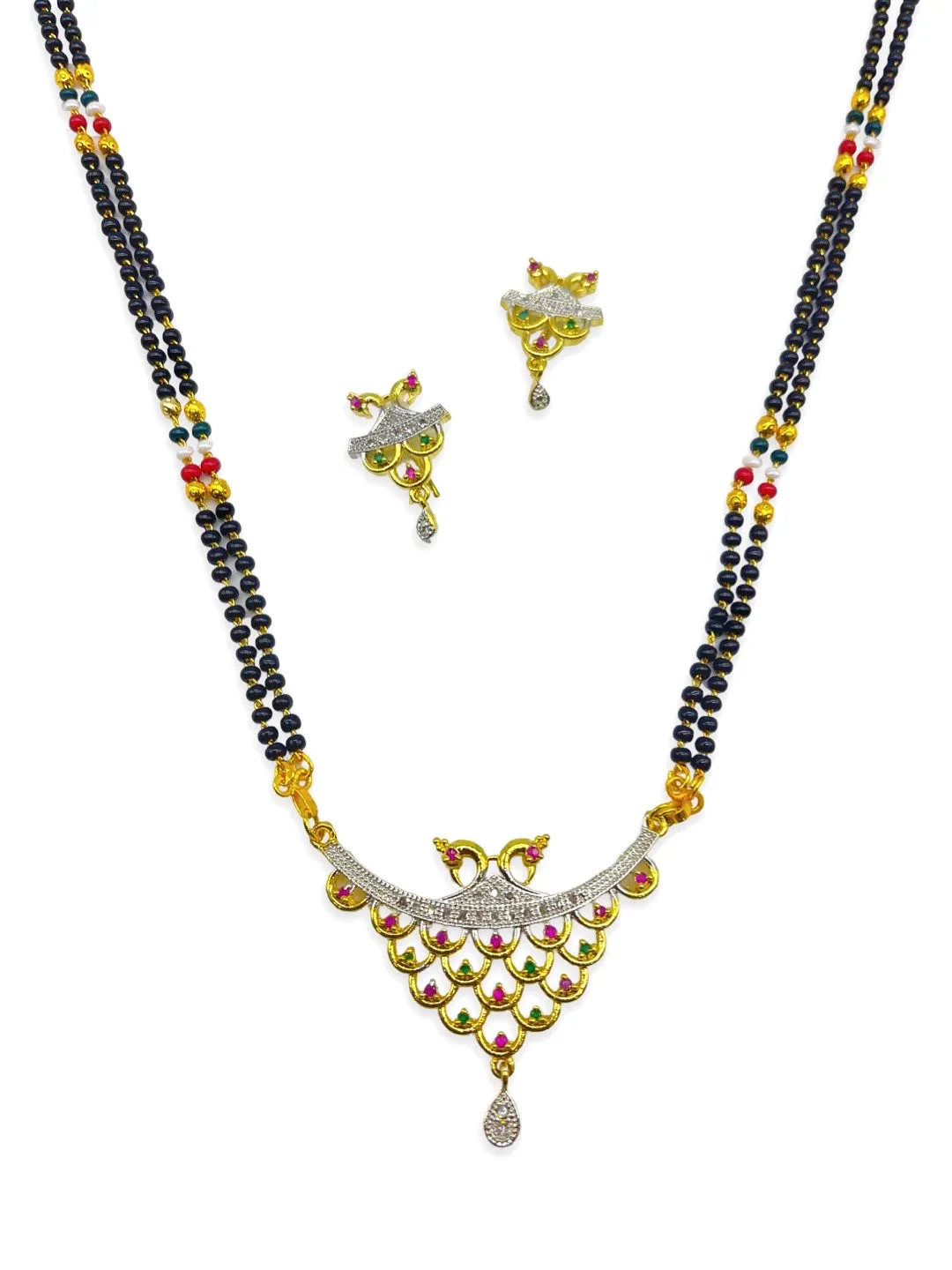 Long Mangalsutra Designs set with diamond earrings gold mangalsutra Peacock design multicolor chain