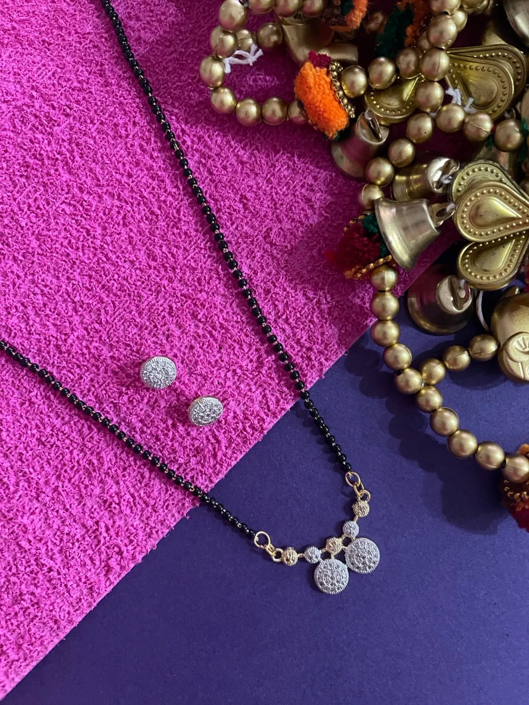Long Mangalsutra Designs set with diamond earrings gold mangalsutra vati pendant black beads chain
