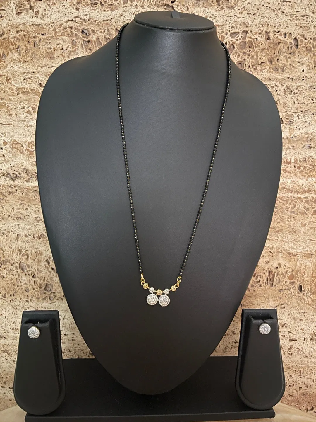 Long Mangalsutra Designs set with diamond earrings gold mangalsutra vati pendant black beads chain