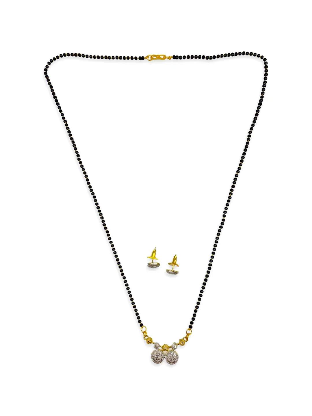 Long Mangalsutra Designs set with diamond earrings gold mangalsutra vati pendant black beads chain