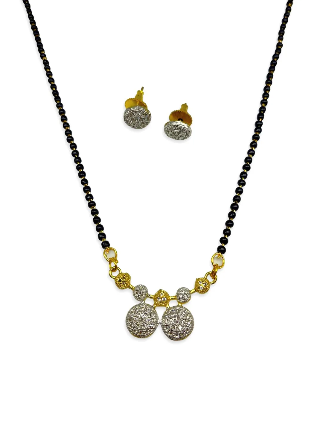 Long Mangalsutra Designs set with diamond earrings gold mangalsutra vati pendant black beads chain