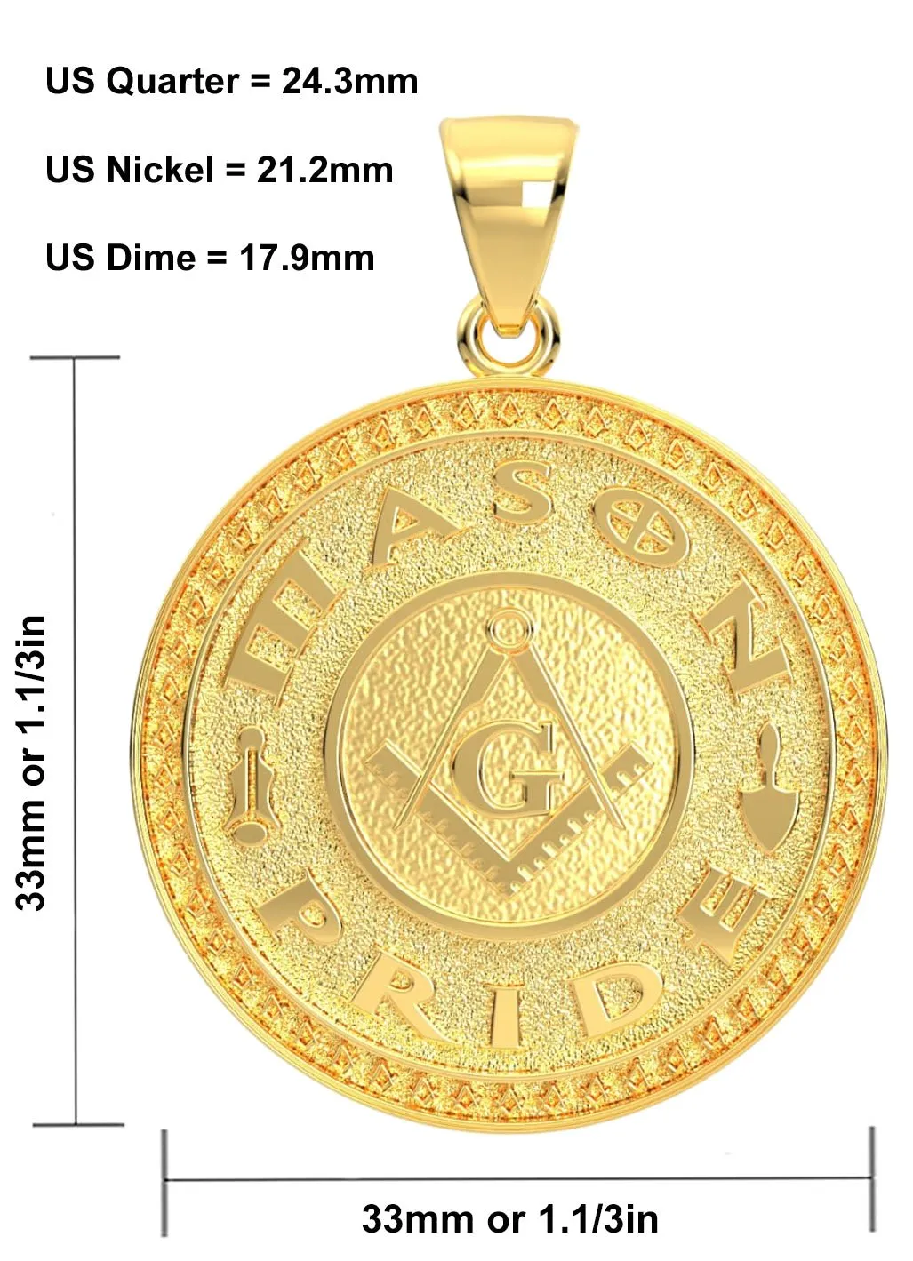 Men's 14k Yellow Gold Masonic Master Mason Solid Pendant Necklace, 33mm