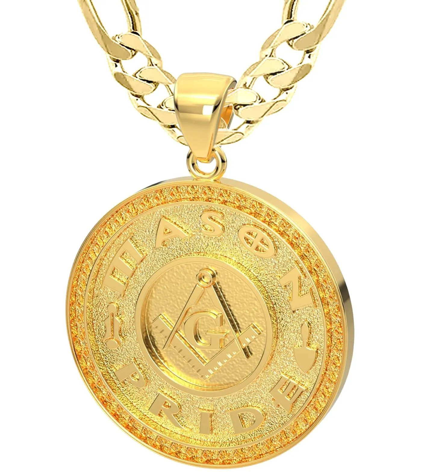 Men's 14k Yellow Gold Masonic Master Mason Solid Pendant Necklace, 33mm