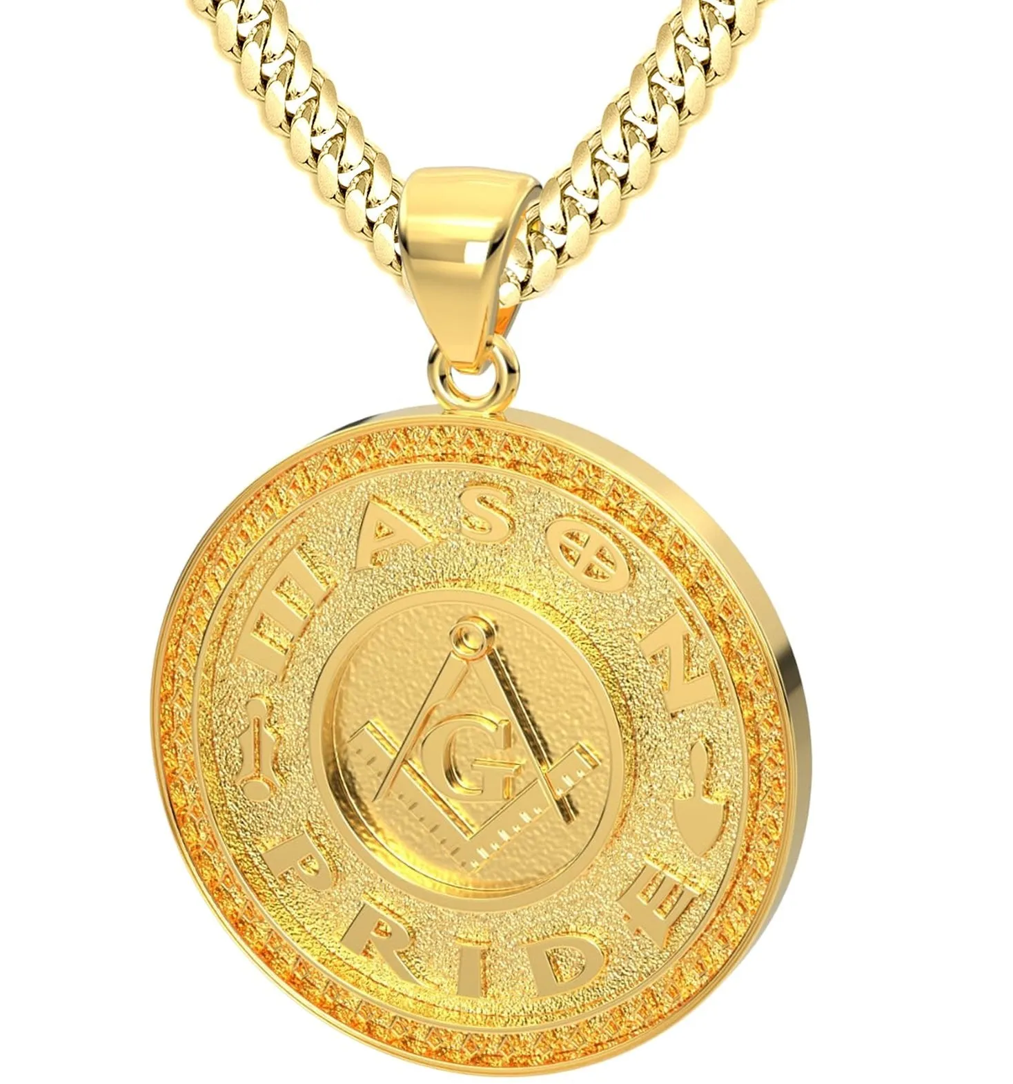 Men's 14k Yellow Gold Masonic Master Mason Solid Pendant Necklace, 33mm