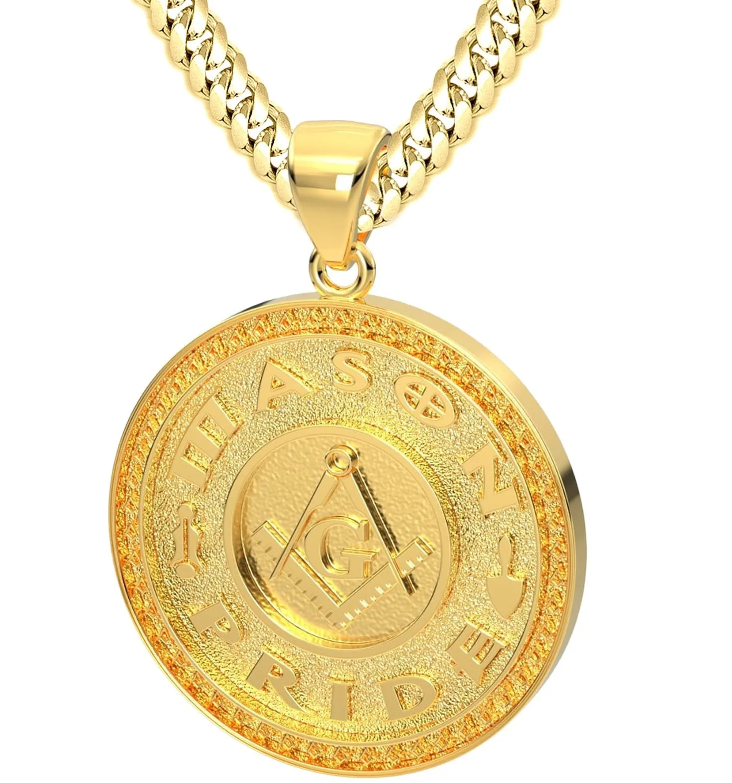 Men's 14k Yellow Gold Masonic Master Mason Solid Pendant Necklace, 33mm