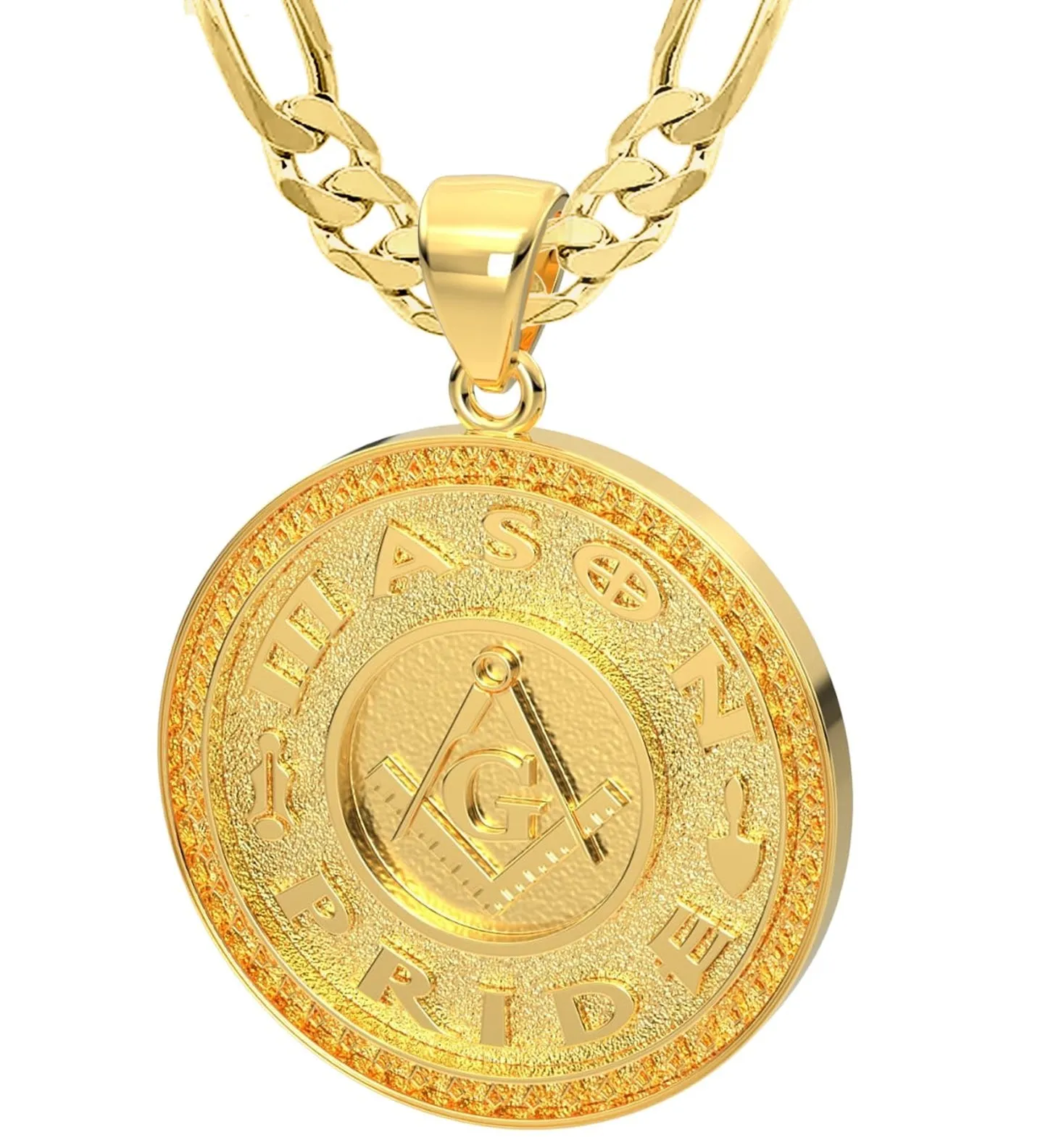 Men's 14k Yellow Gold Masonic Master Mason Solid Pendant Necklace, 33mm