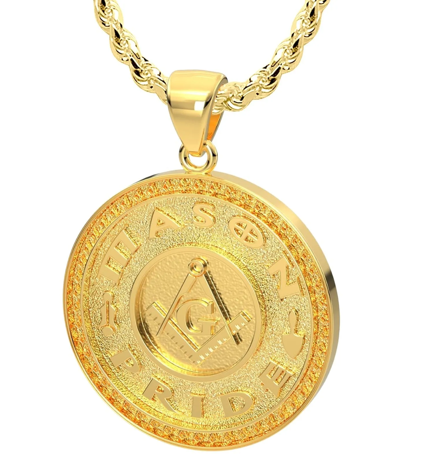 Men's 14k Yellow Gold Masonic Master Mason Solid Pendant Necklace, 33mm