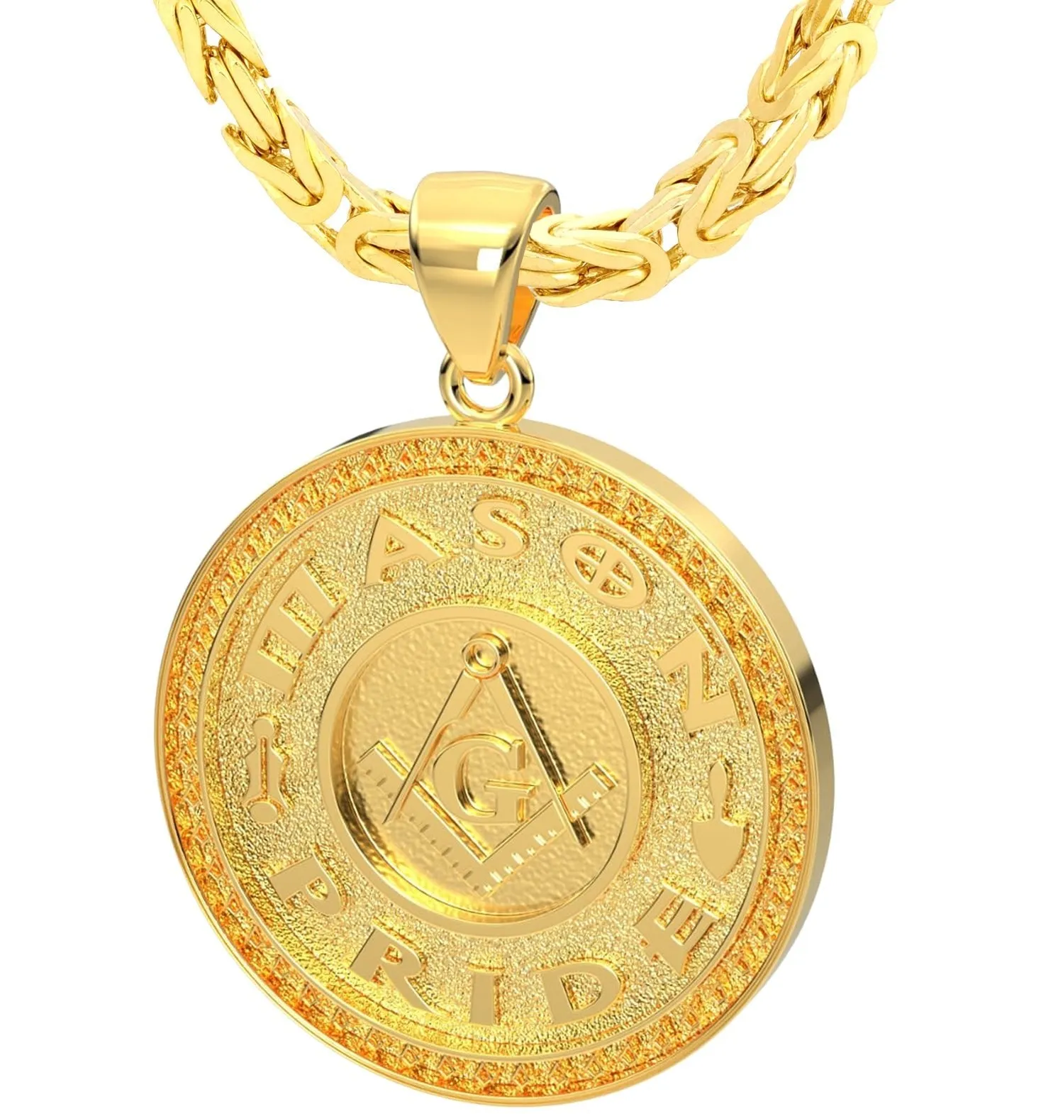 Men's 14k Yellow Gold Masonic Master Mason Solid Pendant Necklace, 33mm