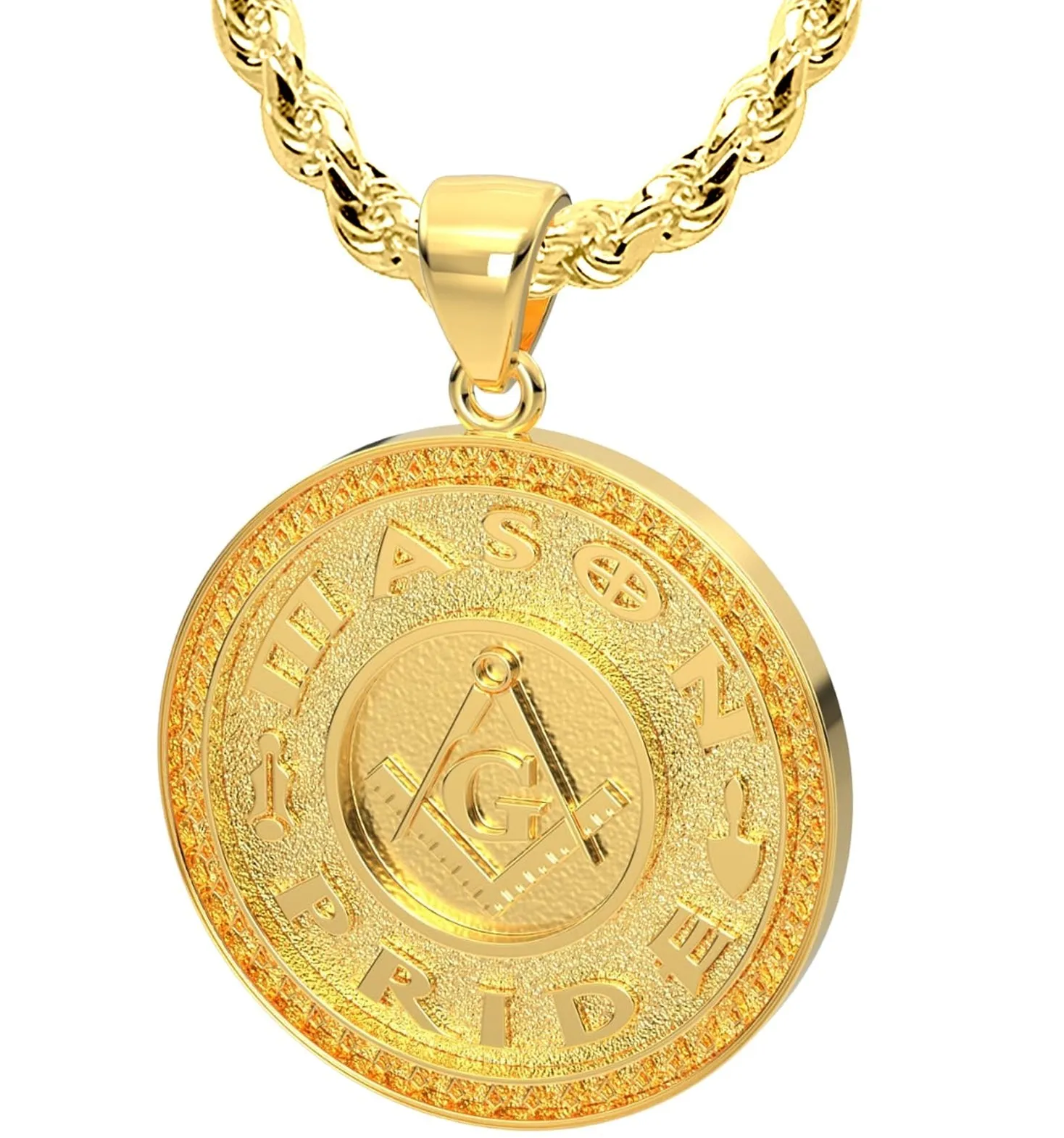 Men's 14k Yellow Gold Masonic Master Mason Solid Pendant Necklace, 33mm