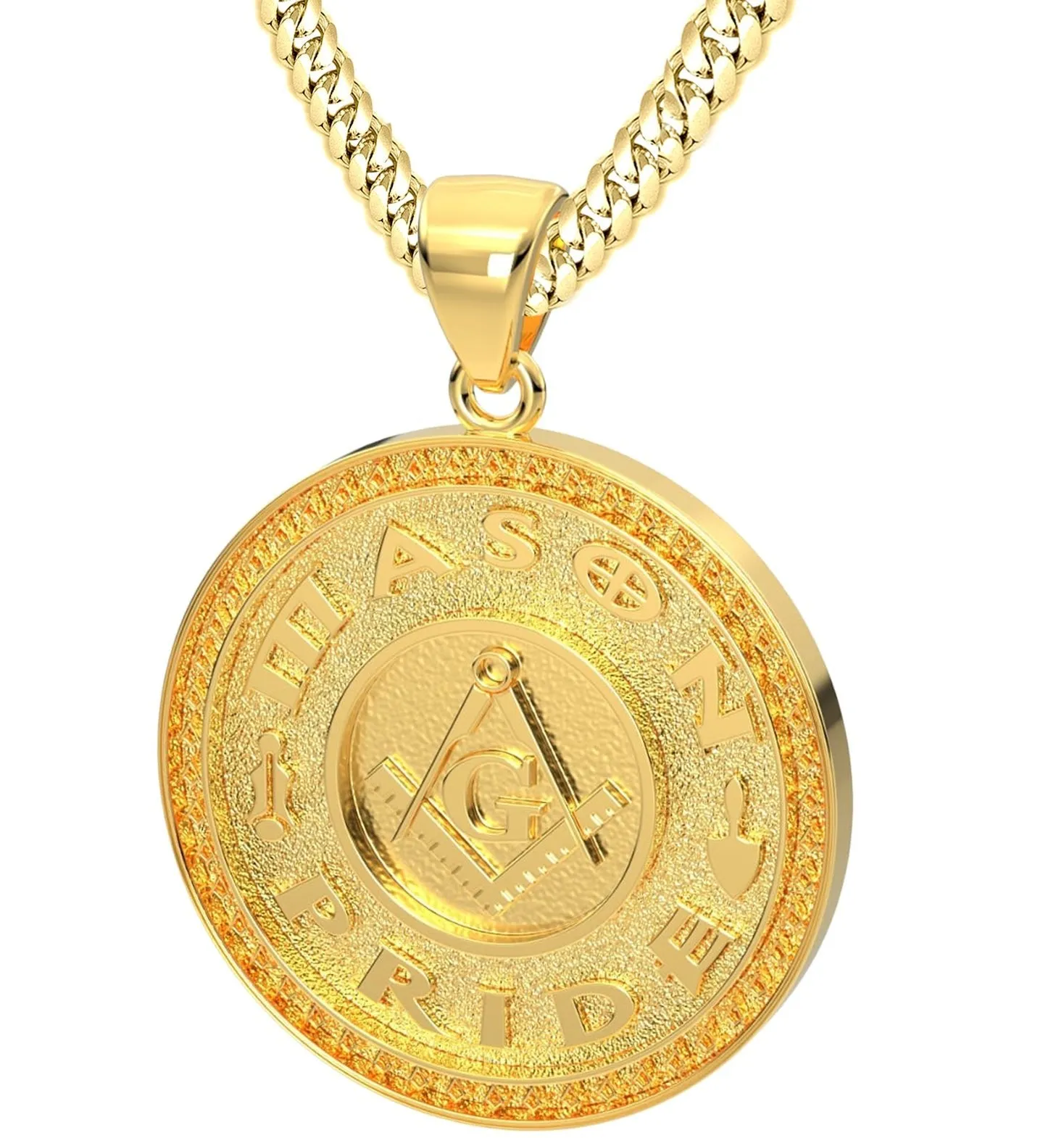 Men's 14k Yellow Gold Masonic Master Mason Solid Pendant Necklace, 33mm