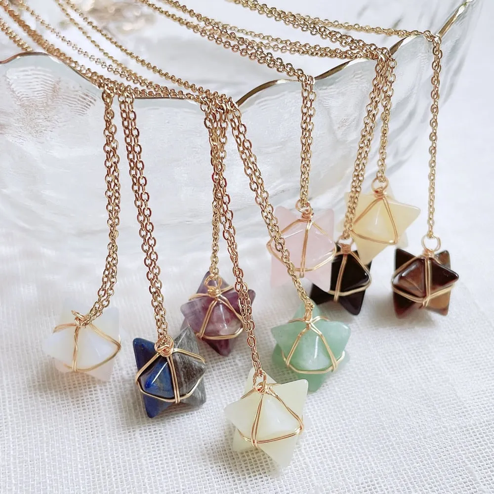 Merkaba Crystal Stone Pendant Necklace, Steel Chain