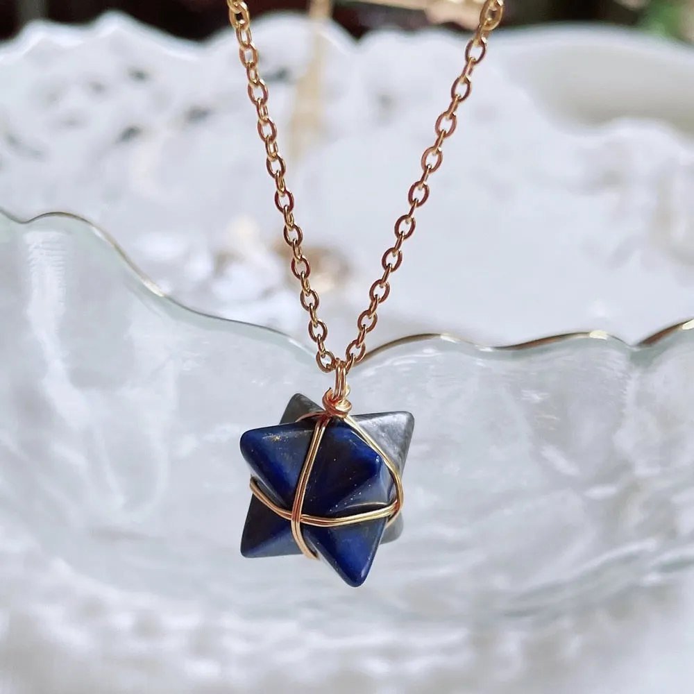 Merkaba Crystal Stone Pendant Necklace, Steel Chain
